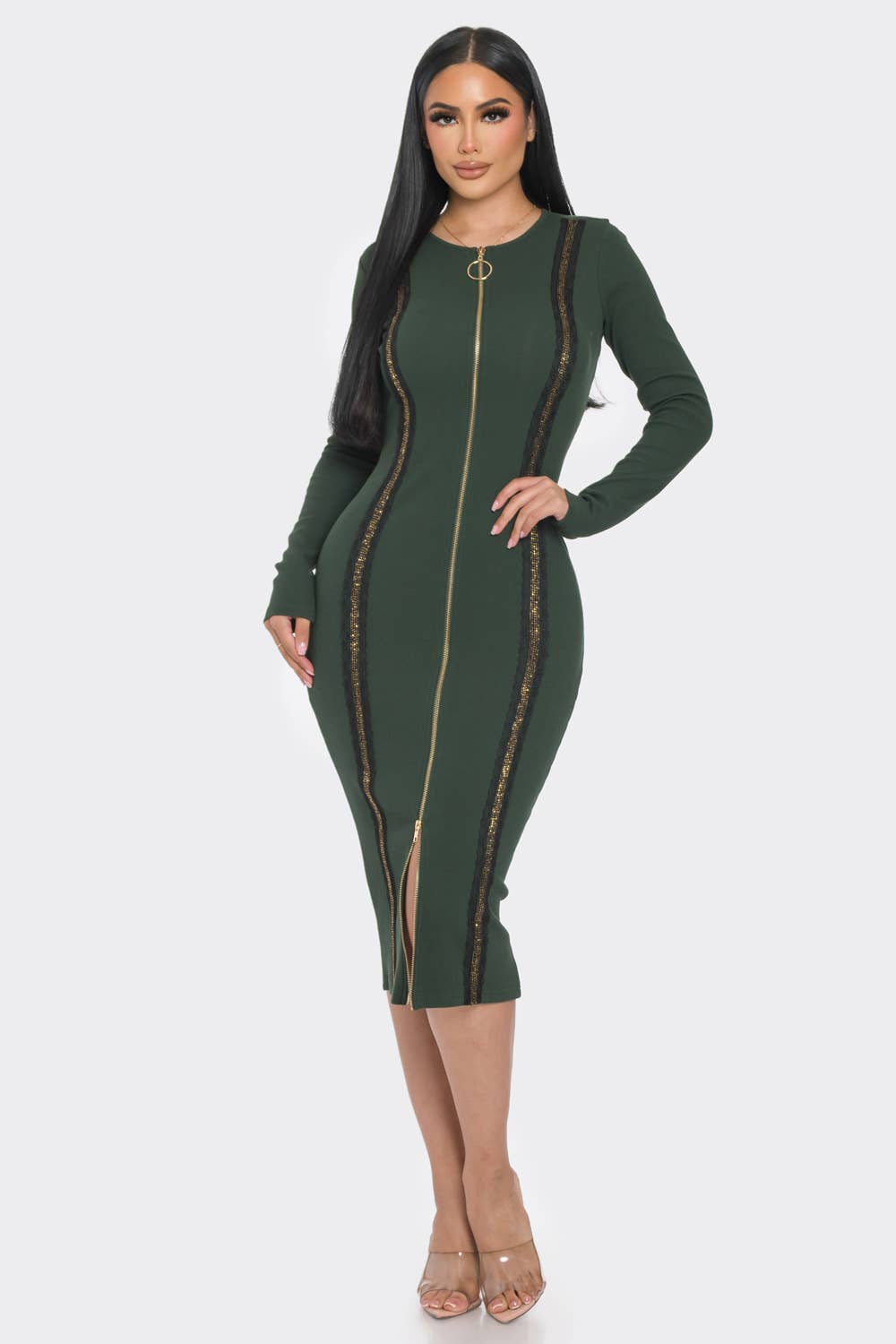 MIDI DRESS WITH GOLD TRIM DETAIL AND 2 WAY ZIPPER - NHOVIDSHOP