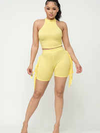 Mock Neck Crop Top And Side Laser Cut Shorts Set - NHOVIDSHOP