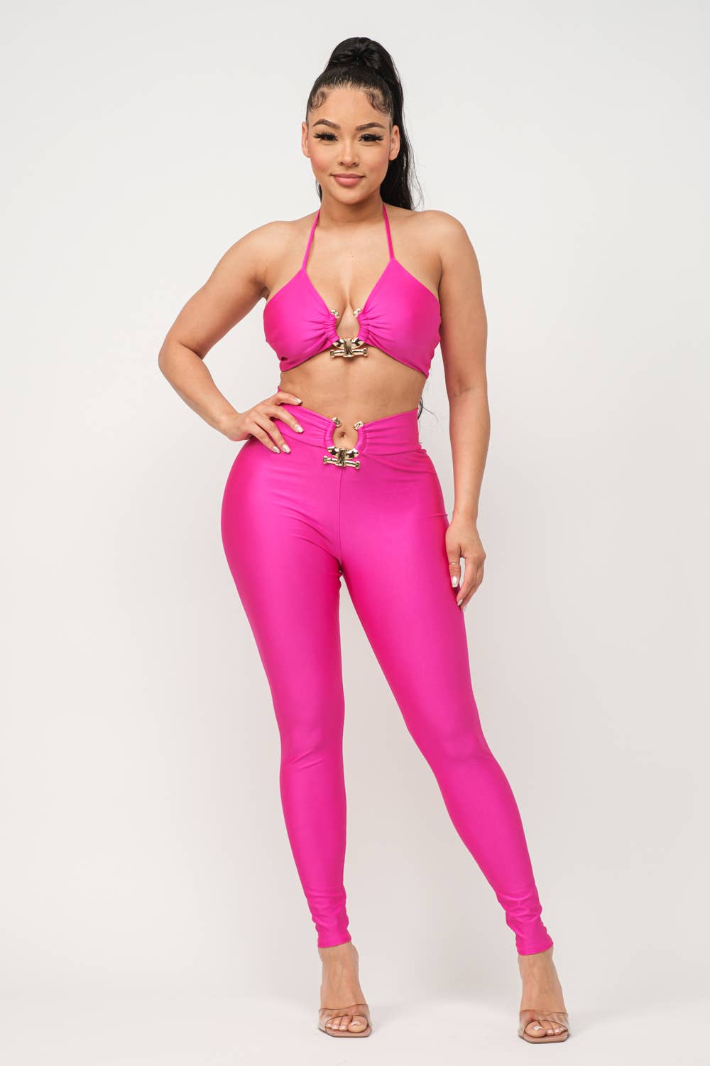 Front U-Ring Trim Bra Top And Leggings Set