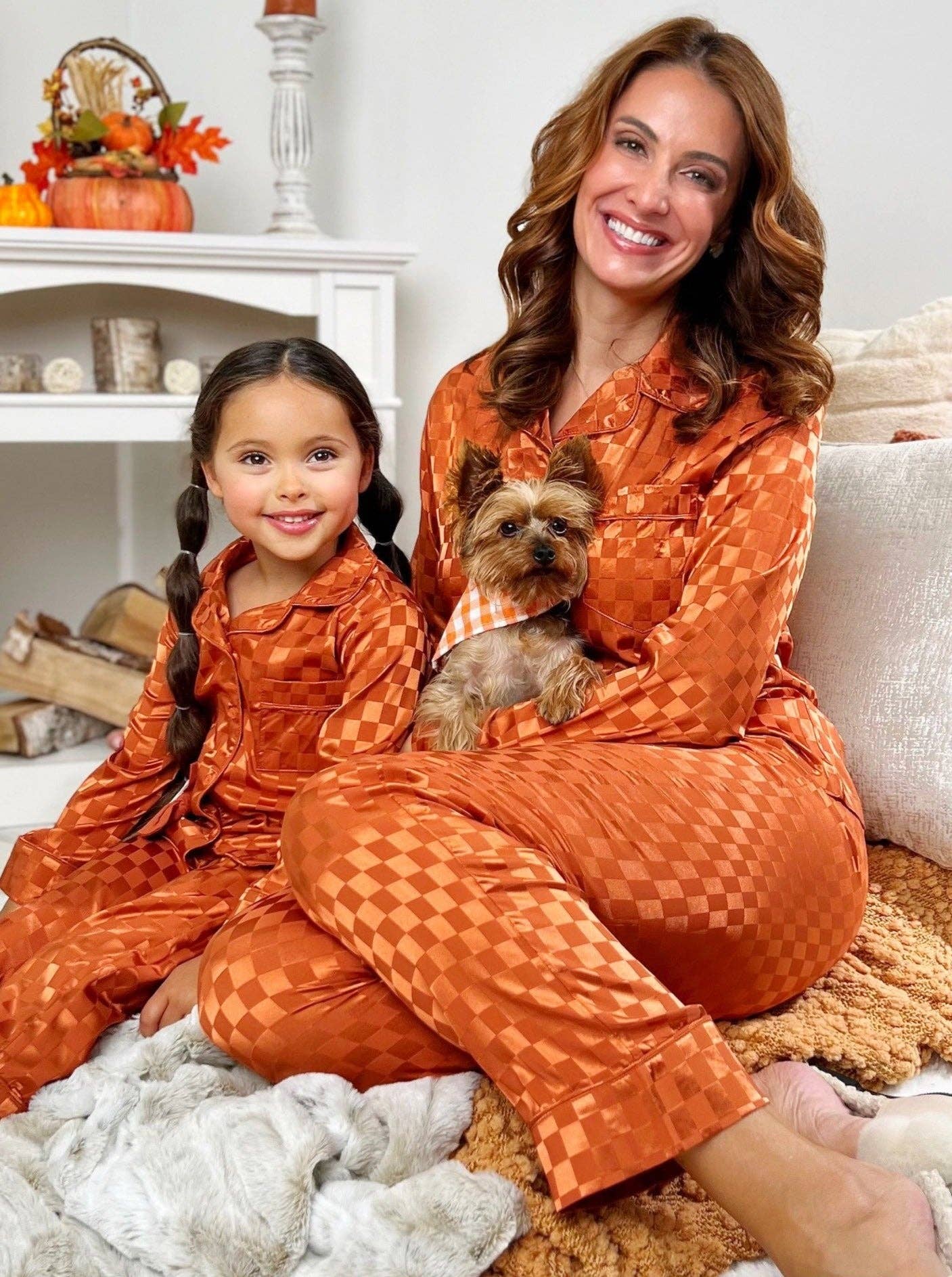 Mommy and Me Pumpkin Spice Checkered Silk Pajamas