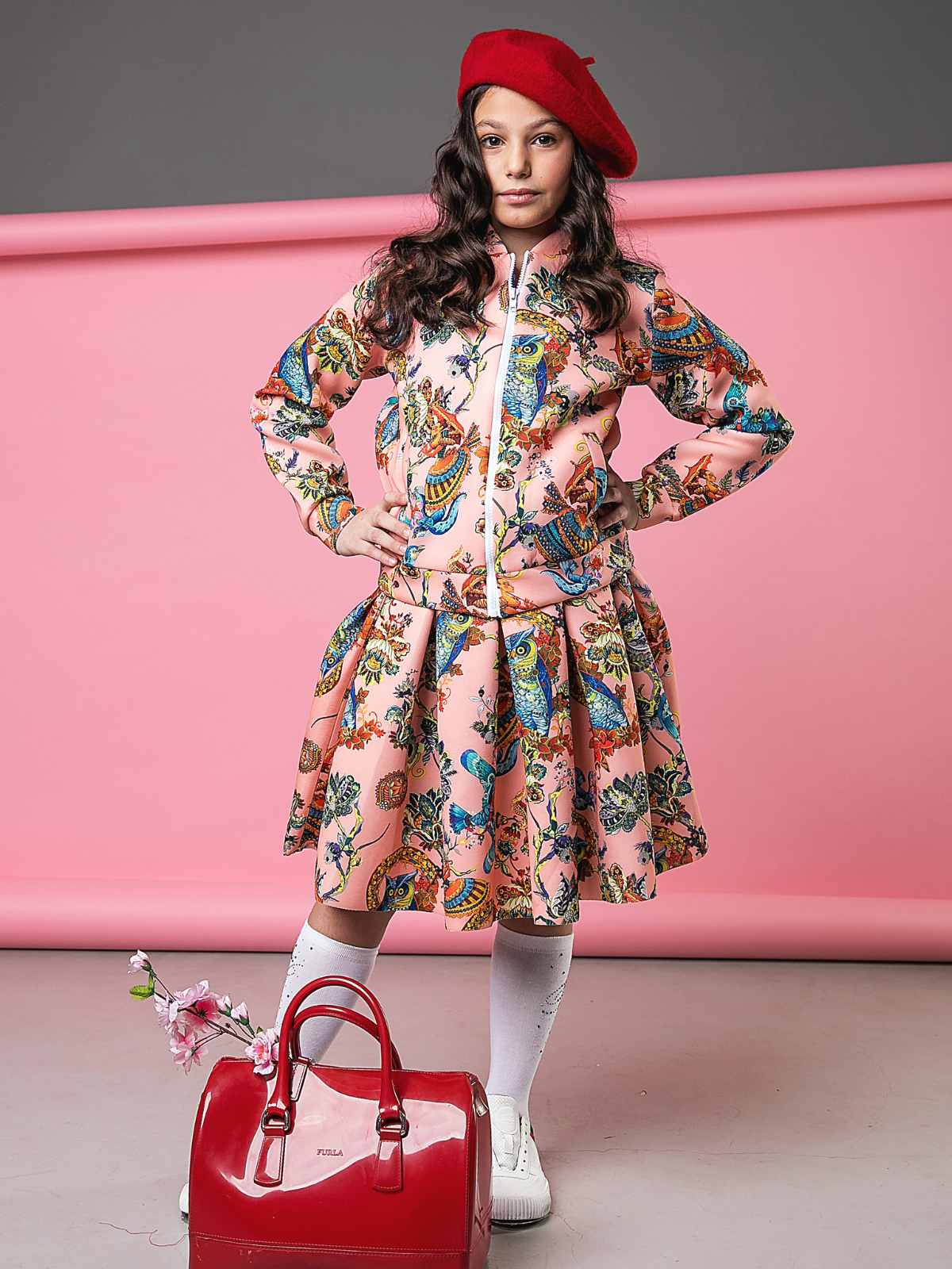 Girls Botanical Owl Coral Pleated Skirt By Kids Couture