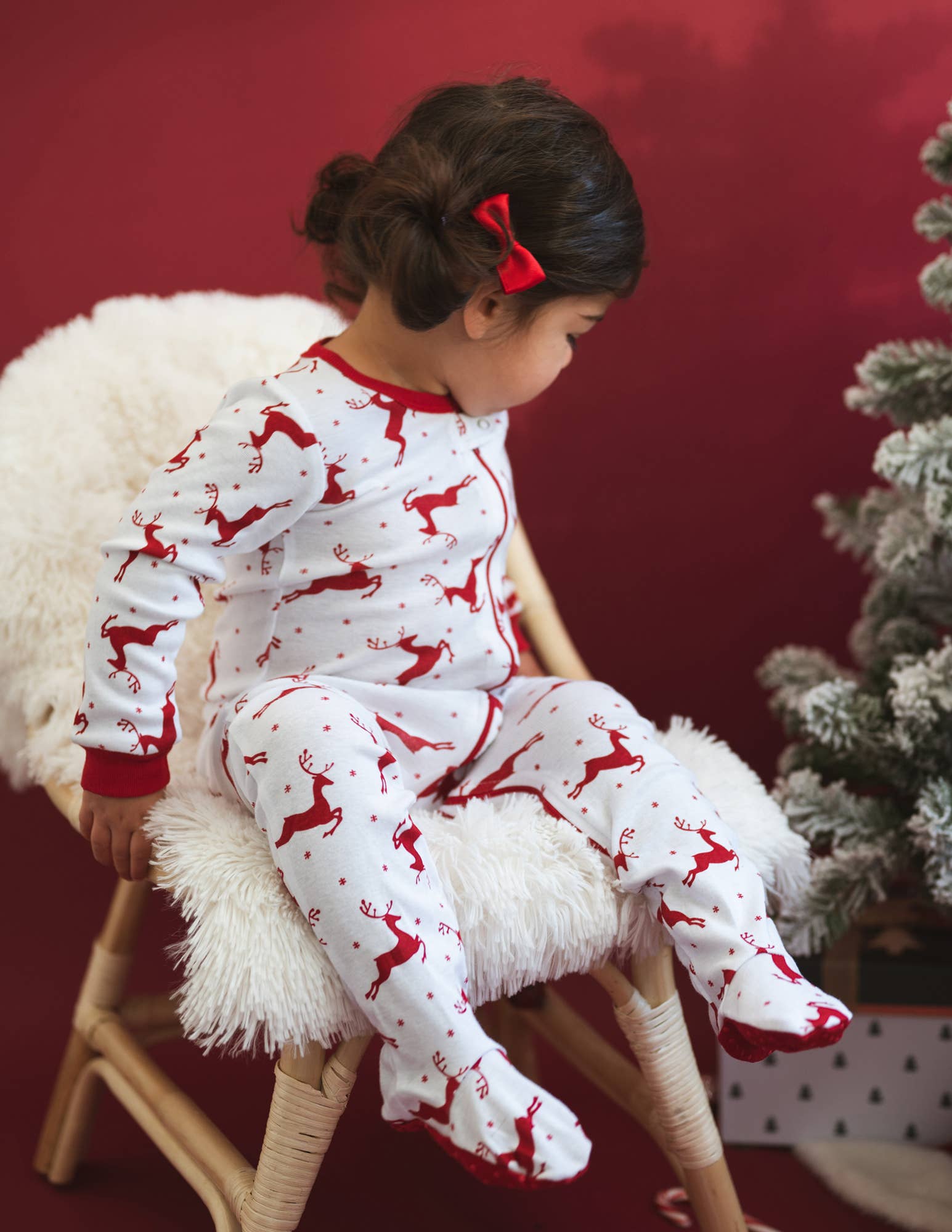 Kids Footed Cotton Pajama Red & White Reindeer for Christmas
