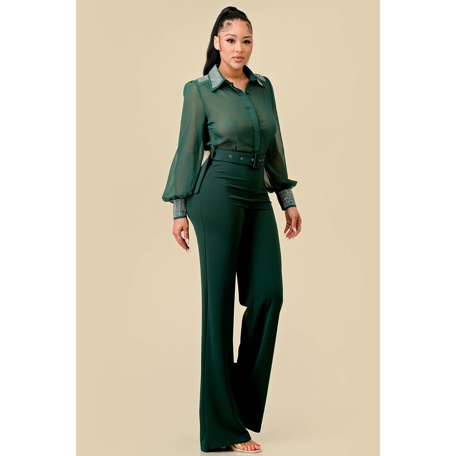 EMBELLISHMENT LONG SLV JUMPSUIT