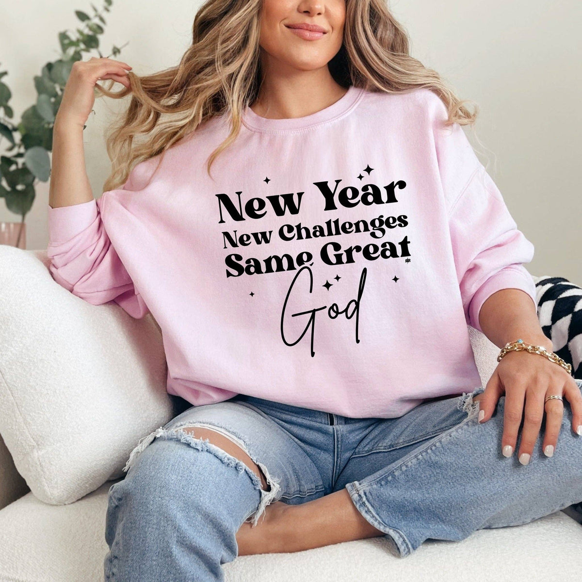 New Year New Challenges Same Great God Pink Sweatshirt: Medium - NHOVIDSHOP.COM