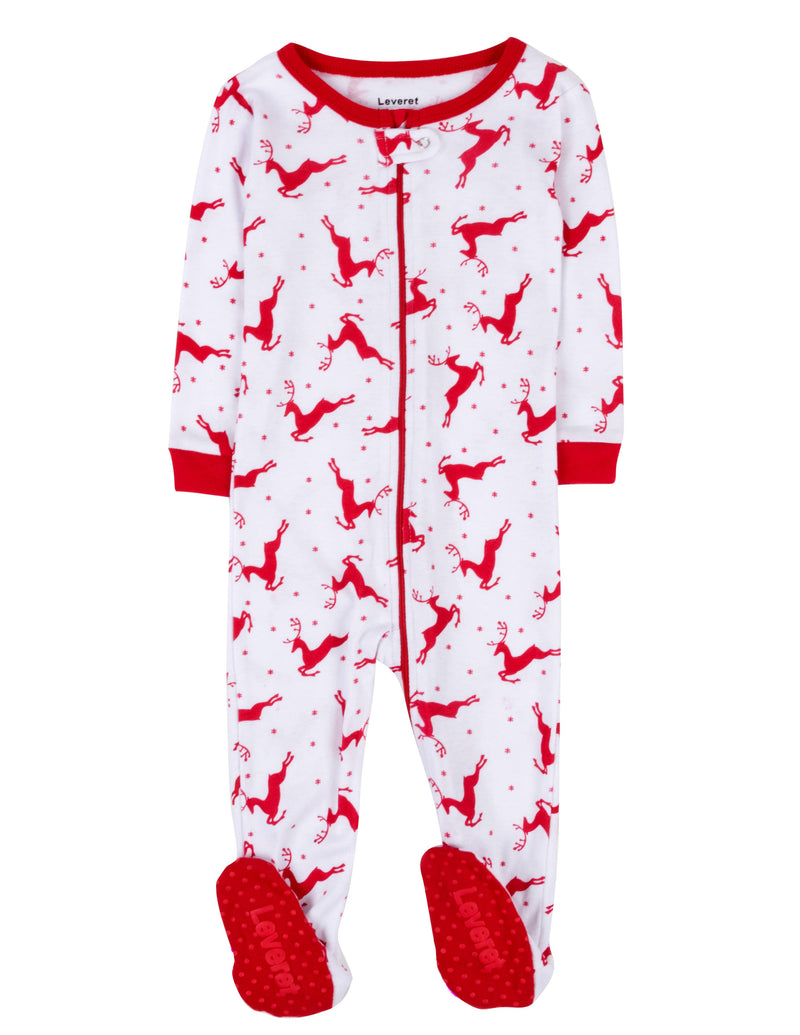 Kids Footed Cotton Pajama Red & White Reindeer Christmas: 3-6 month - NHOVIDSHOP.COM