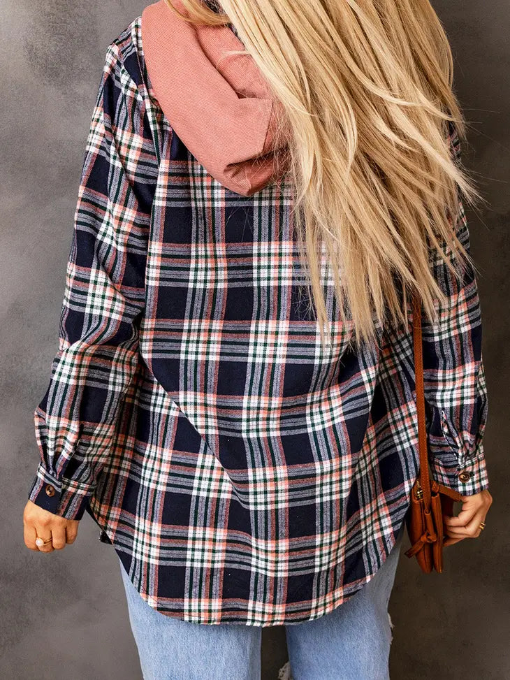 Pink Contrast Hooded Drawstring Plaid Shacket - NHOVIDSHOP.COM