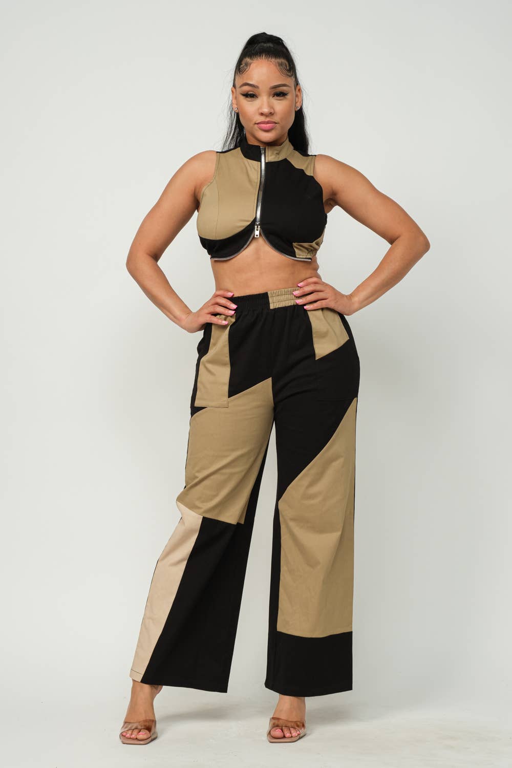 Color Block Front Zipper Top And Pants Set