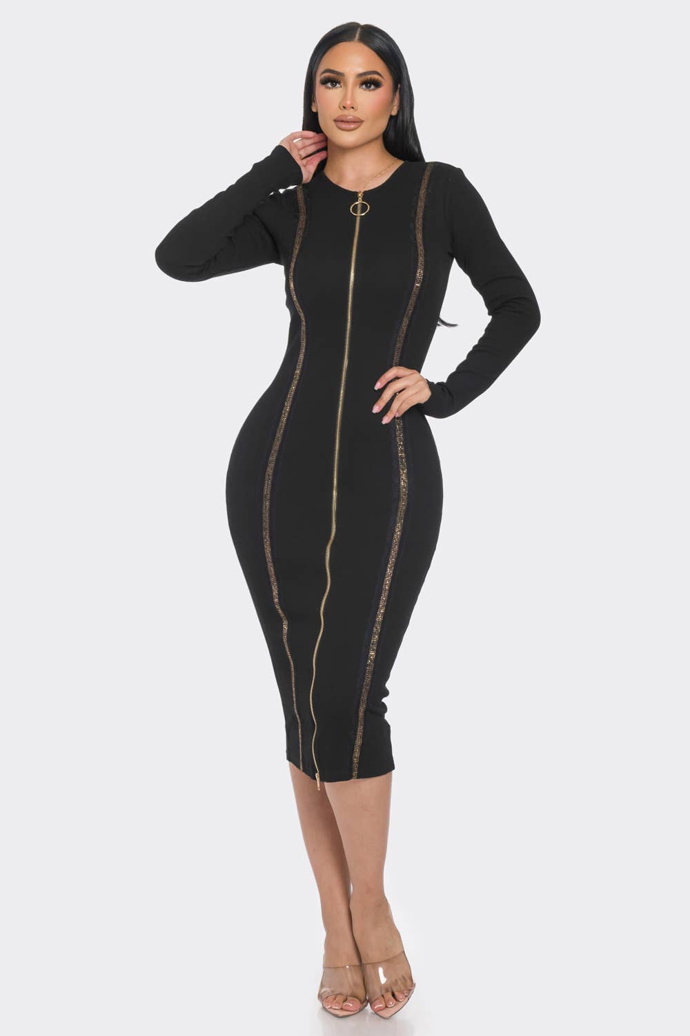 MIDI DRESS WITH GOLD TRIM DETAIL AND 2 WAY ZIPPER