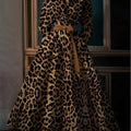 High Waisted Long Sleeves Bandage Leopard Pockets Stand Collar Maxi Dresses