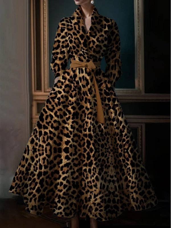 High Waisted Long Sleeves Bandage Leopard Pockets Stand Collar Maxi Dresses