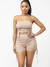 Shirring Tied Crop Top and Side Shirring Short Set - NHOVIDSHOP