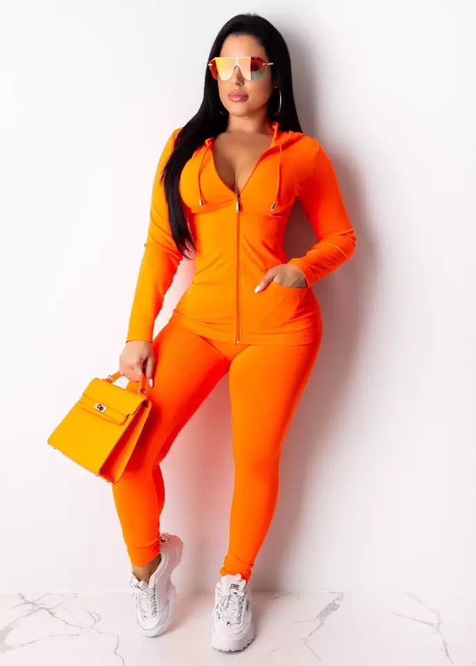 ORANGE ZIPPER DRAWSTRING PANT&HOODIES TWO PIECE SET - NHOVIDSHOP