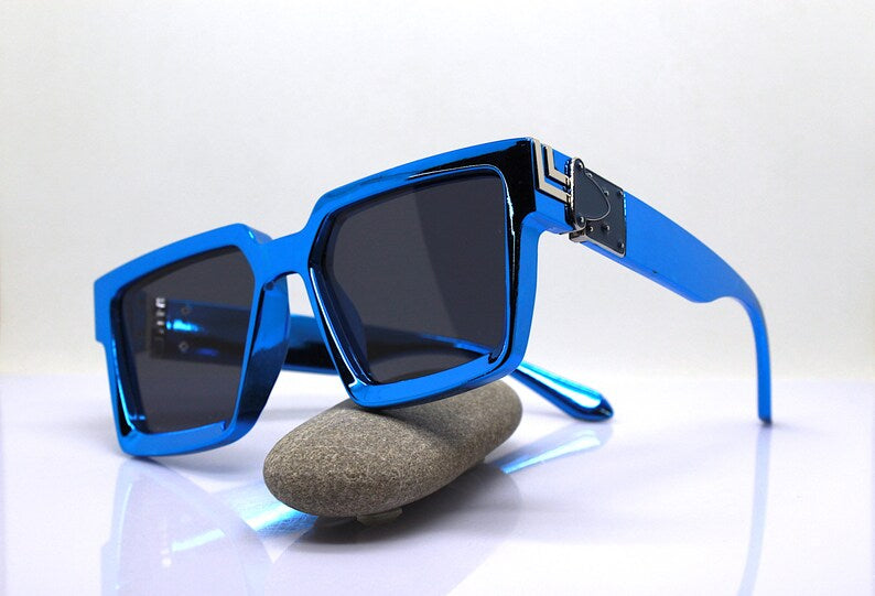 Big square sunglasses oversize man woman electric blue chrome frame black - NHOVIDSHOP