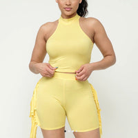 Mock Neck Crop Top And Side Laser Cut Shorts Set - NHOVIDSHOP