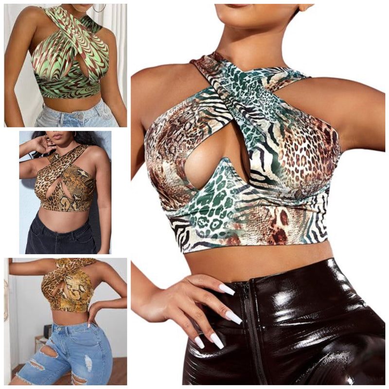 Women Close Fitting Sexy Vest Printed  Pattern Halter Neck Sleeveless Crop TOPS - NHOVIDSHOP