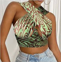 Women Close Fitting Sexy Vest Printed  Pattern Halter Neck Sleeveless Crop TOPS - NHOVIDSHOP