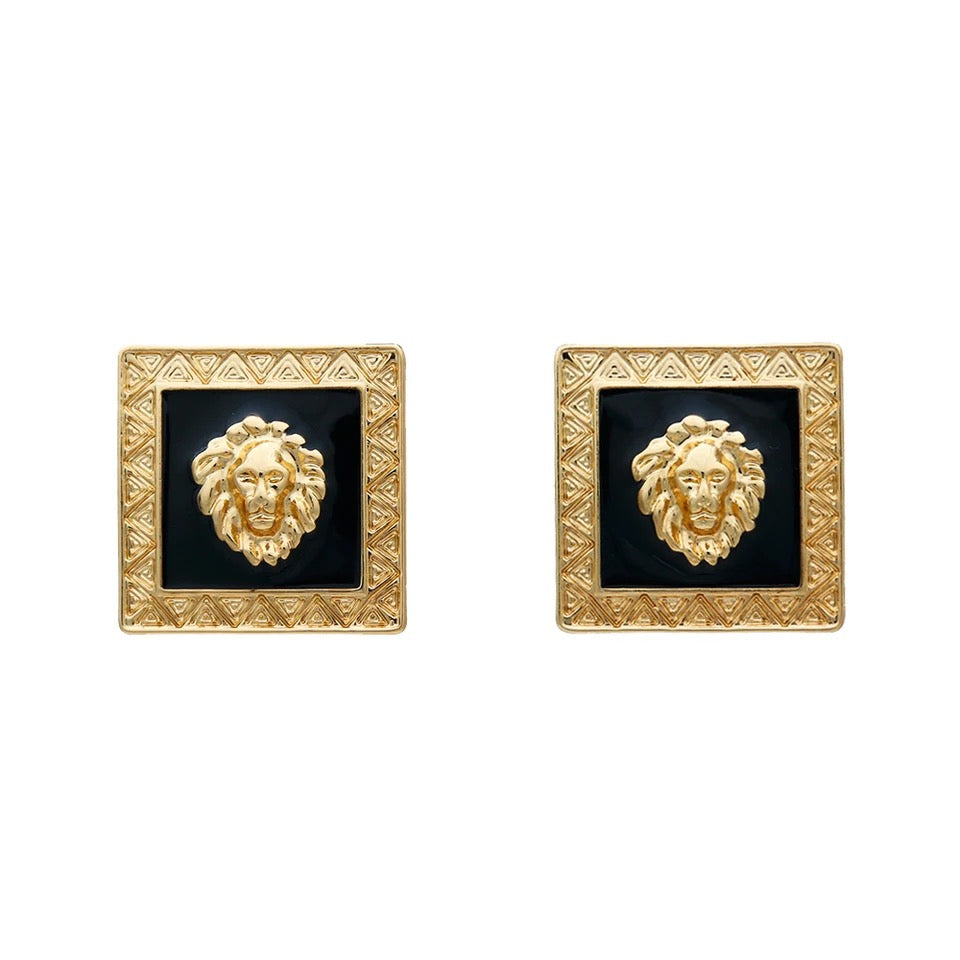 Lion Head black and Gold Square Earrings and Necklace SET - NHOVIDSHOP