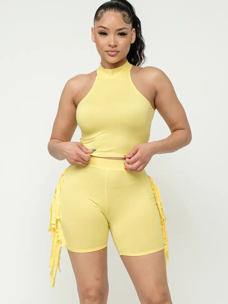 Mock Neck Crop Top And Side Laser Cut Shorts Set - NHOVIDSHOP